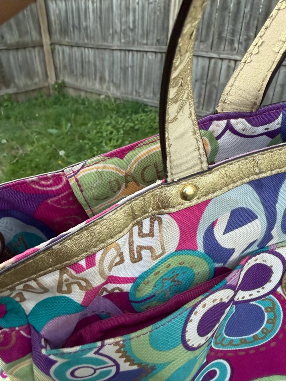 COACH Purple Multicolor Signature Print Tote with Gold Trim - Picture 6 of 15